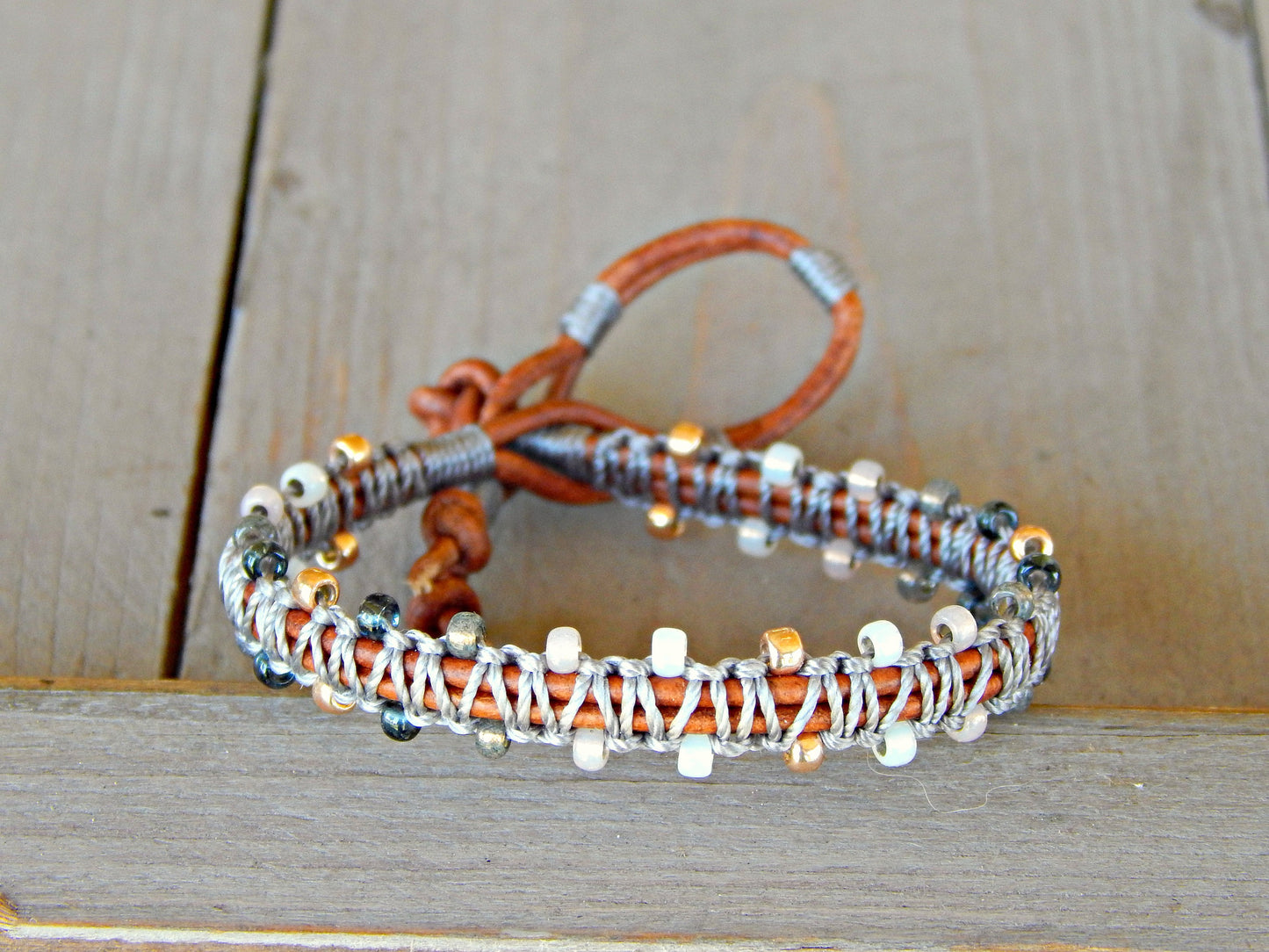 Copper Navy Gray Side beaded Macrame Woven Leather Stack bracelet