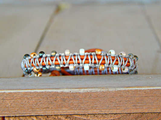 Copper Navy Gray Side beaded Macrame Woven Leather Stack bracelet