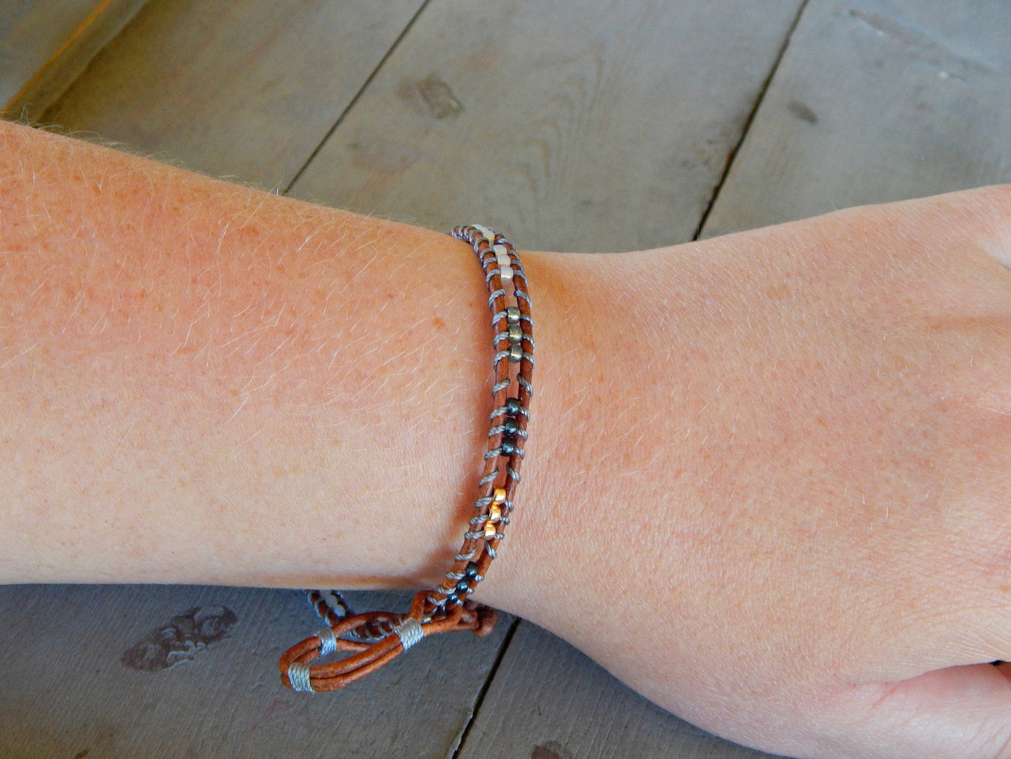 Copper, Navy, Gray Ladder Woven Leather Stack bracelet