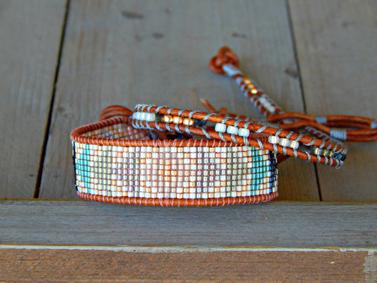Copper, Navy, Gray Ladder Woven Leather Stack bracelet