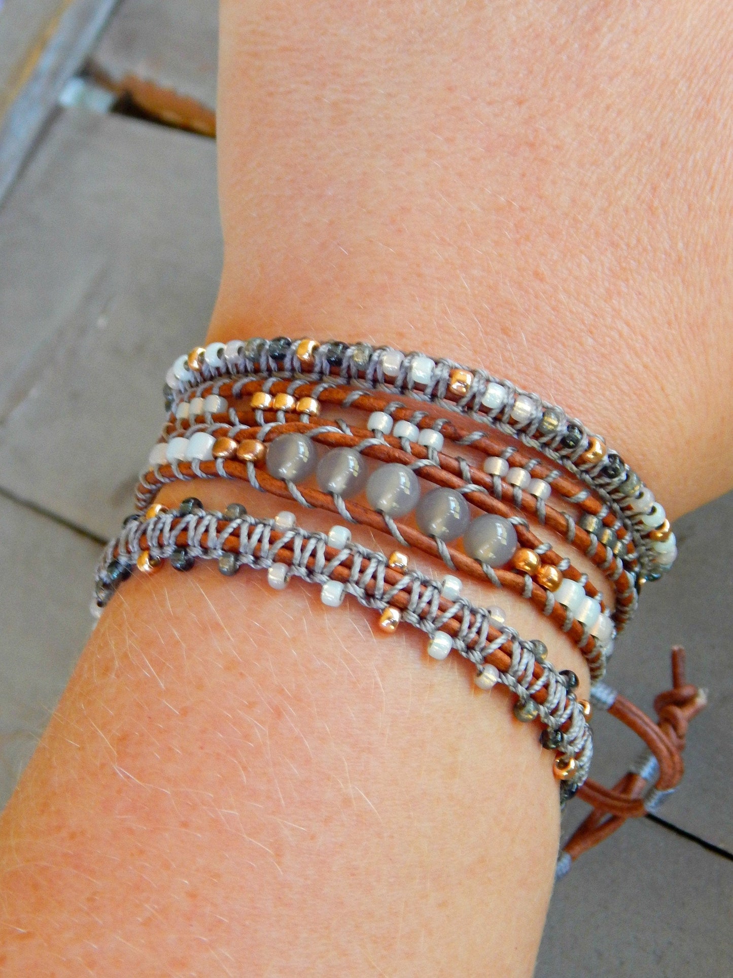 Copper, Navy, Gray Ladder Woven Leather Stack bracelet