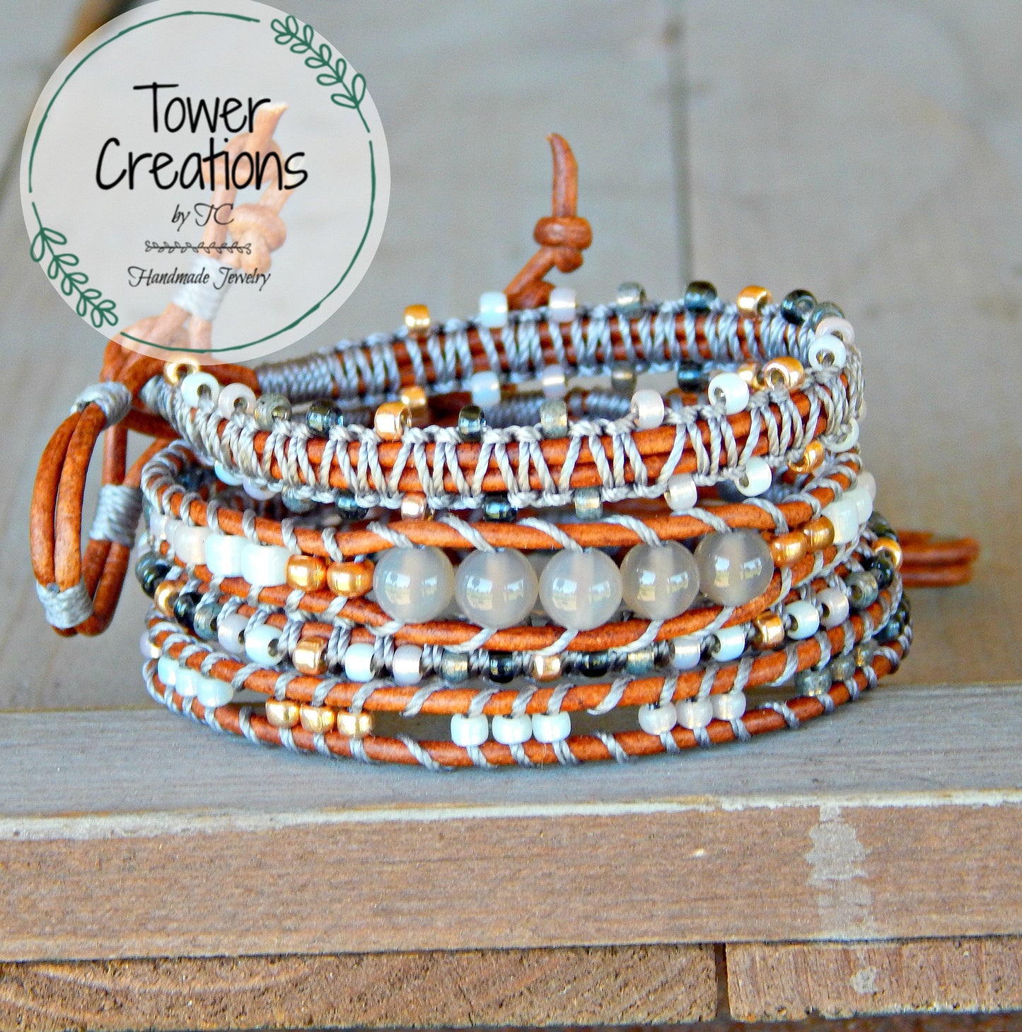 Copper, Navy, Gray Ladder Woven Leather Stack bracelet