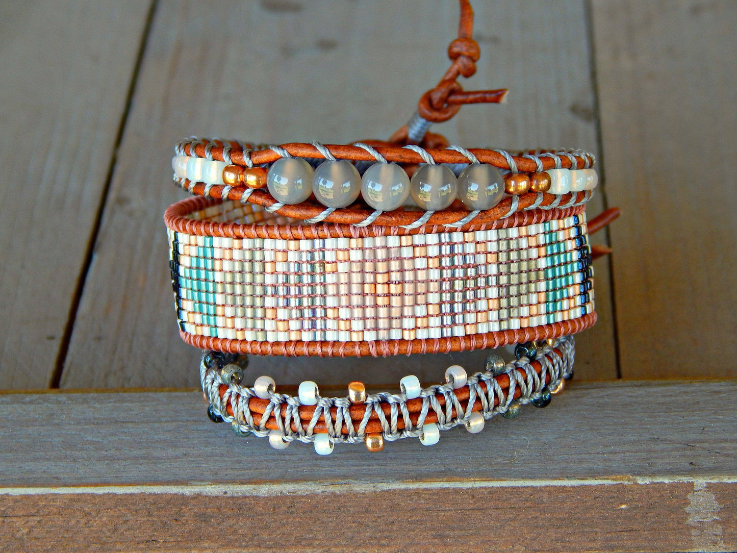 Copper Navy and Blush Loom and Macrame Bracelet stack set