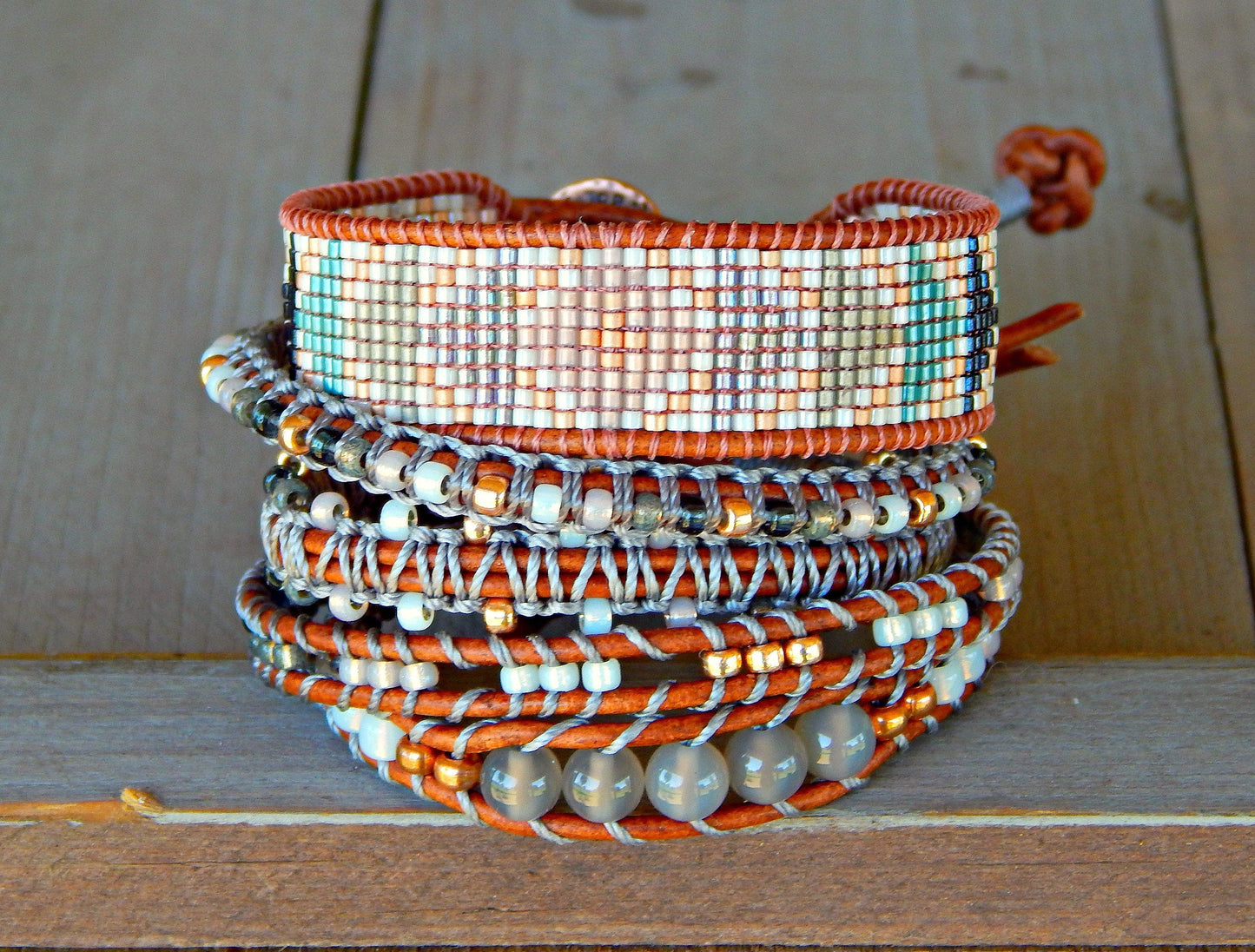 Copper Navy and Blush Loom and Macrame Bracelet stack set