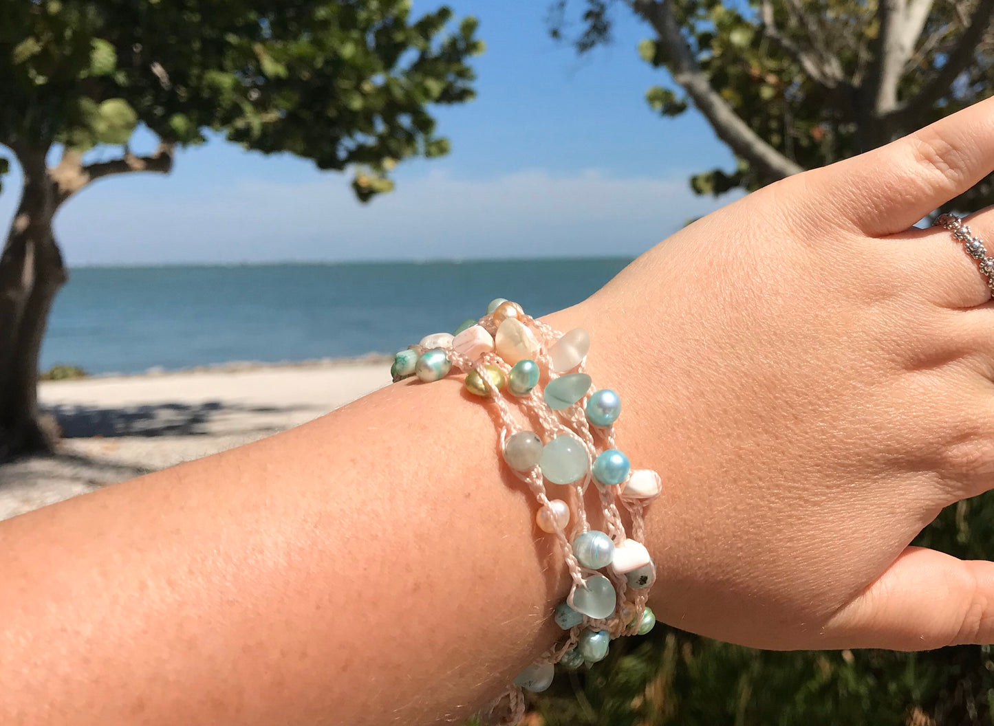 Seafoam Seaglass, Shell and Pearl Wrap Bracelet, Anklet, Necklace