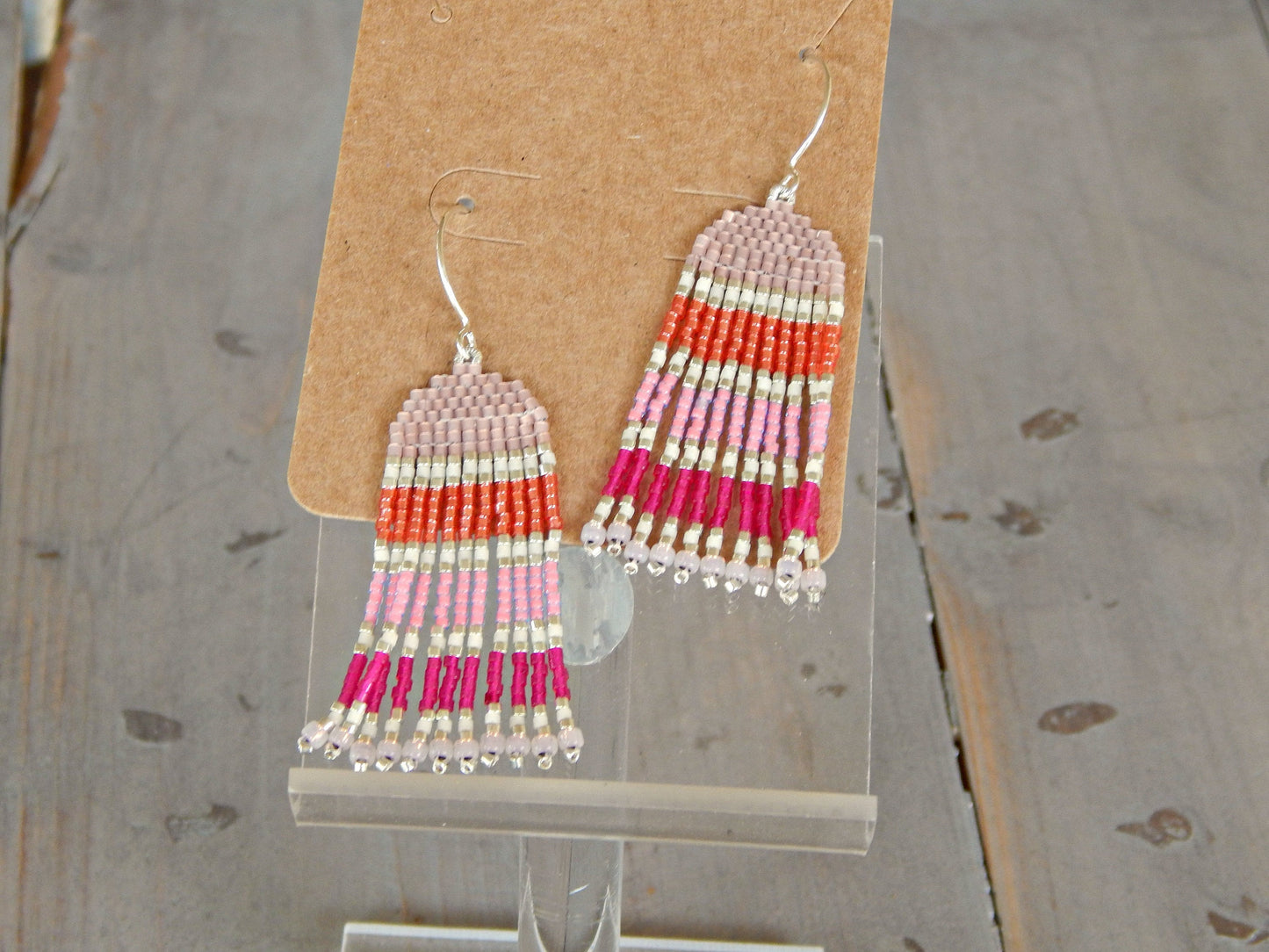 Pink, Peach, and Silver Tassel Earring, Beaded tassel earring