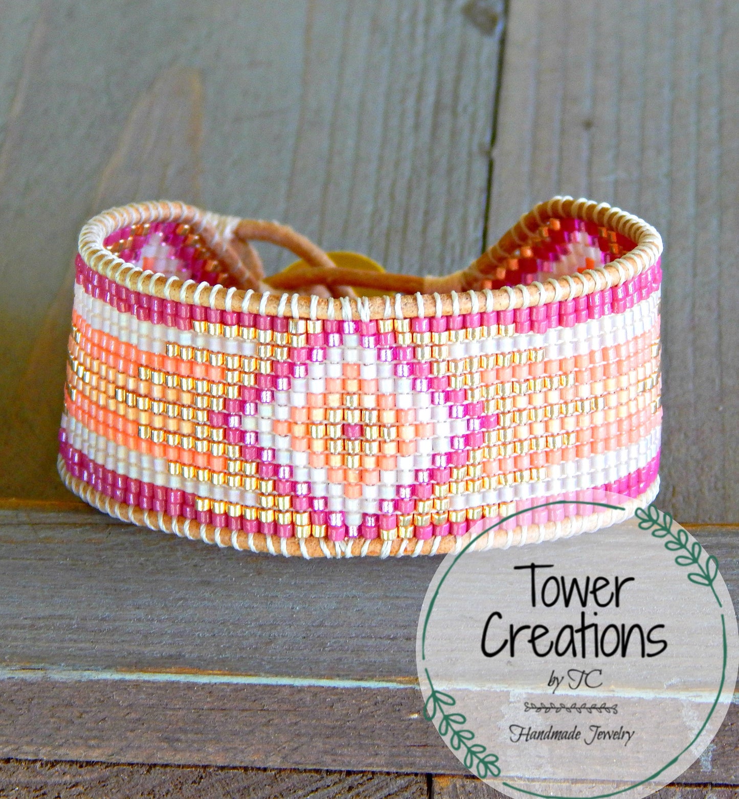 Magenta Pink and Gold Bead Loom Cuff Bracelet, custom handmade gift for her