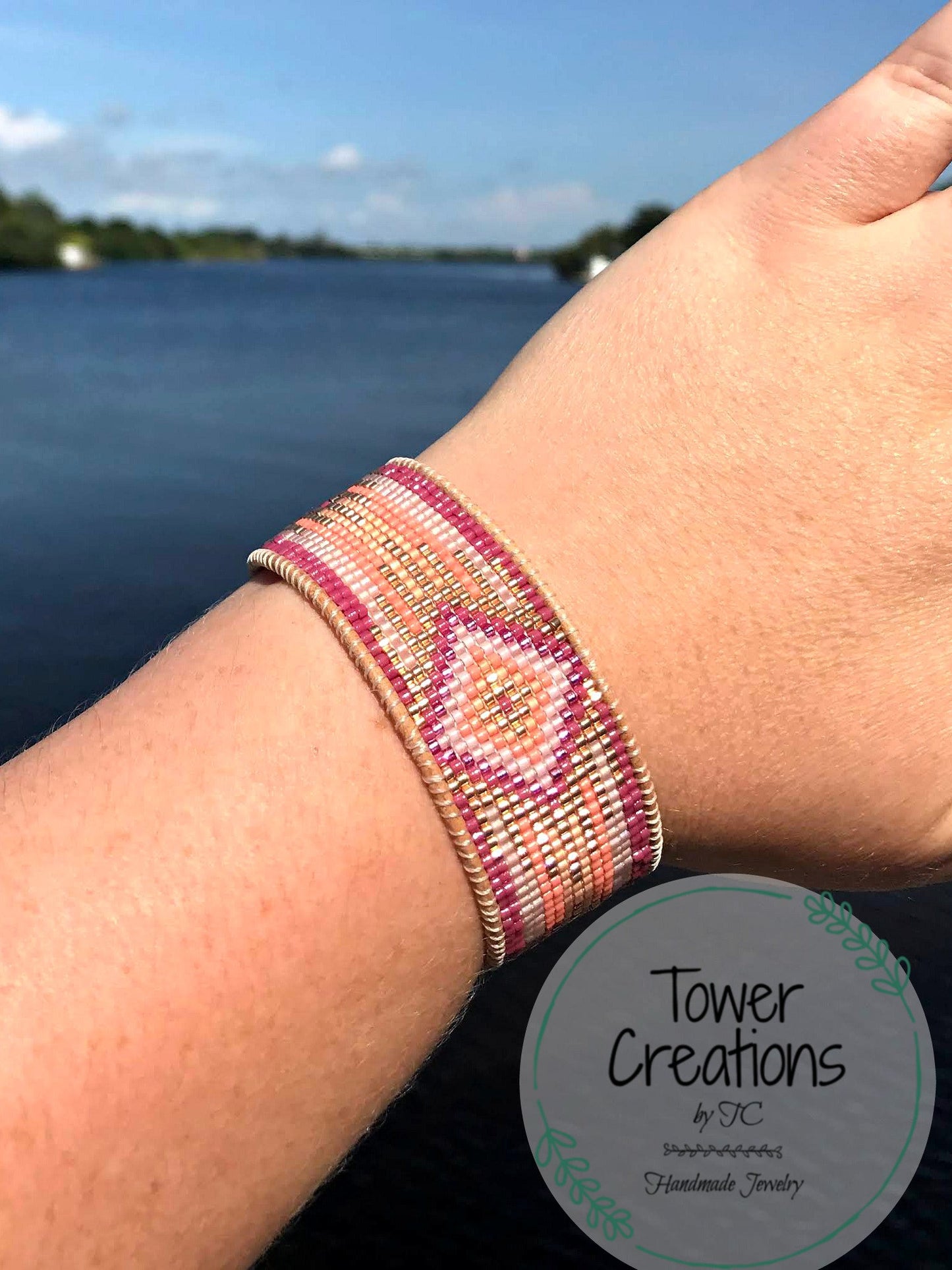 Magenta Pink and Gold Bead Loom Cuff Bracelet, custom handmade gift for her