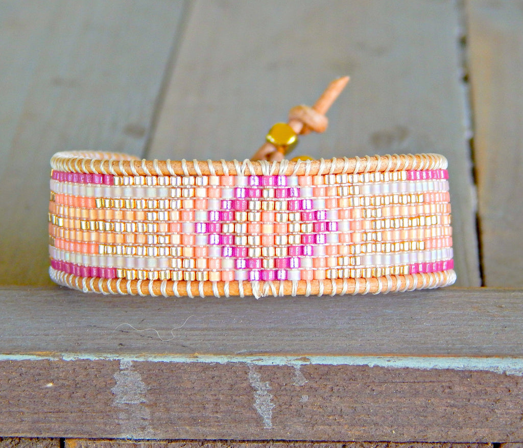Gold and Pink Starburst Southwester Bead Loom Leather Bracelet – Tower  Creations