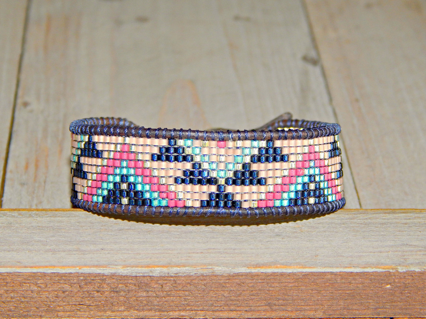 Navy Pink and BlushSouthwest Geometric Bead Loom Woven Bracelet