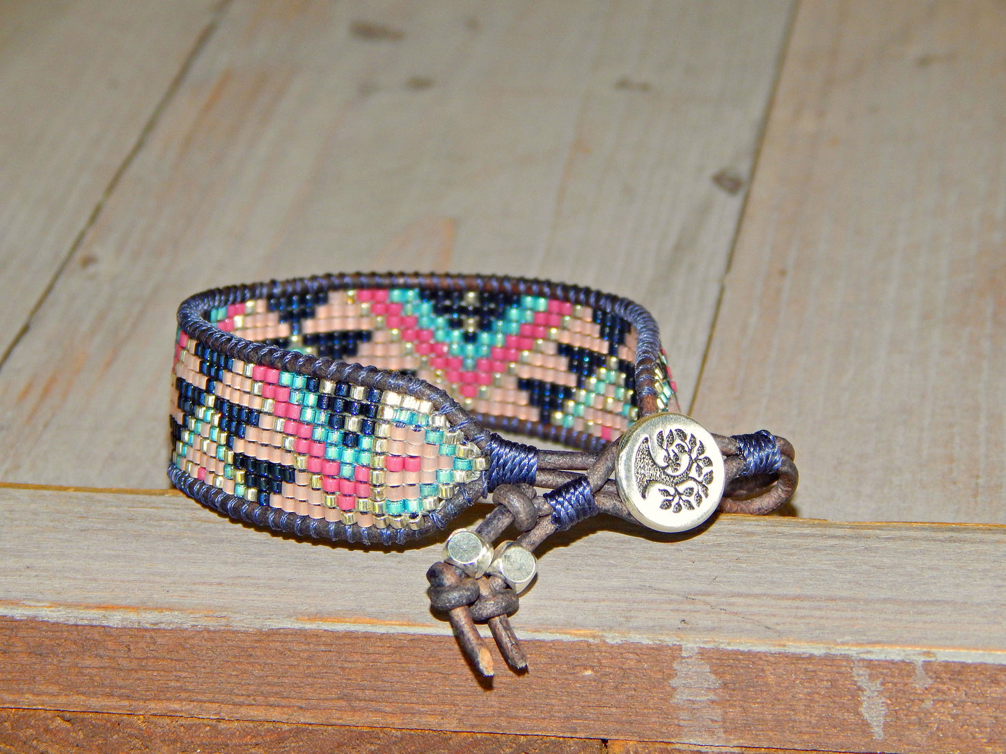 Navy Pink and BlushSouthwest Geometric Bead Loom Woven Bracelet