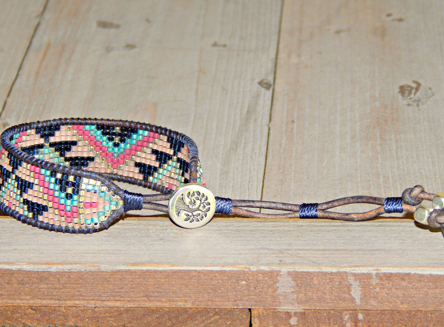 Navy Pink and BlushSouthwest Geometric Bead Loom Woven Bracelet