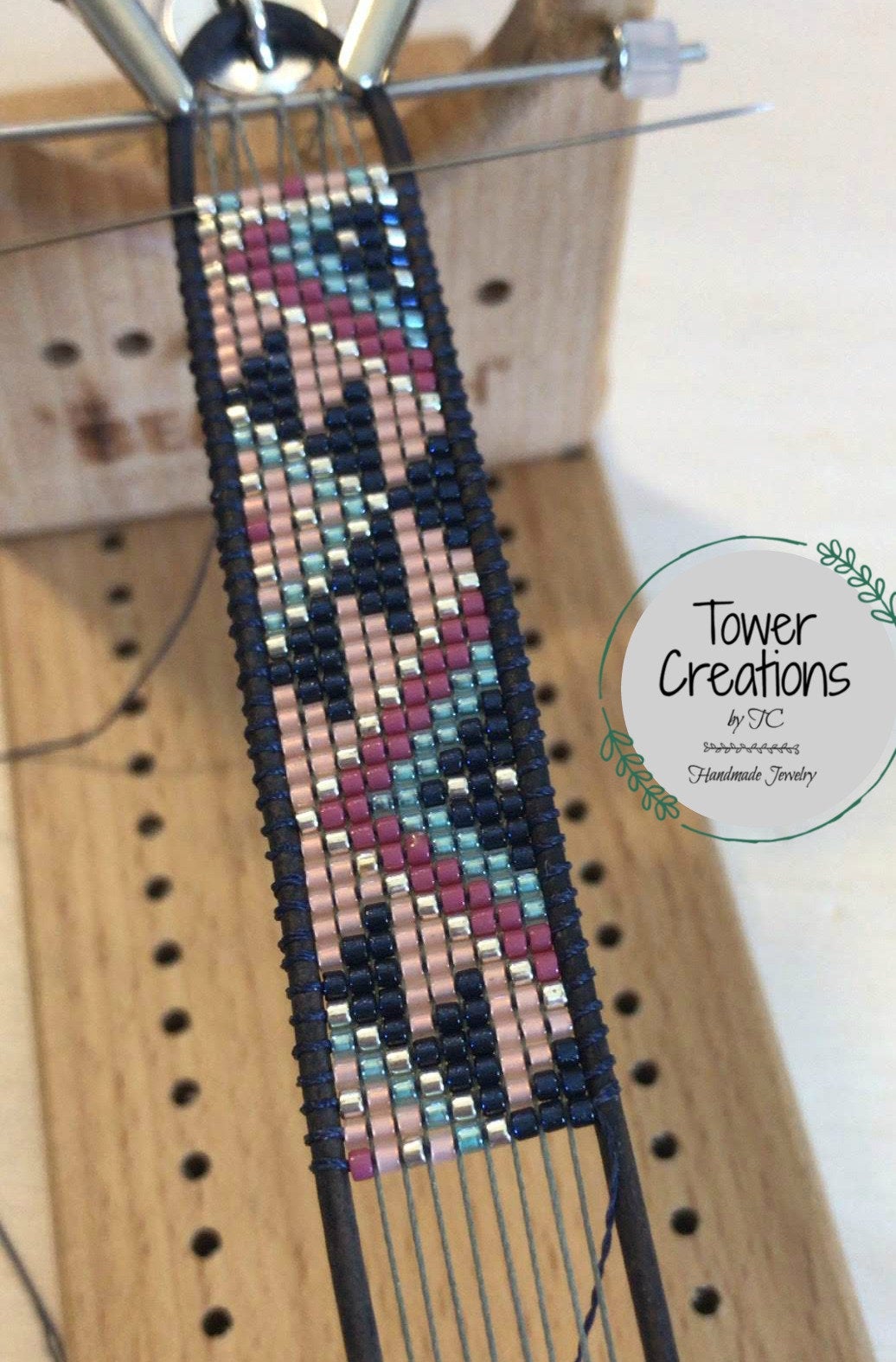 Navy Pink and BlushSouthwest Geometric Bead Loom Woven Bracelet