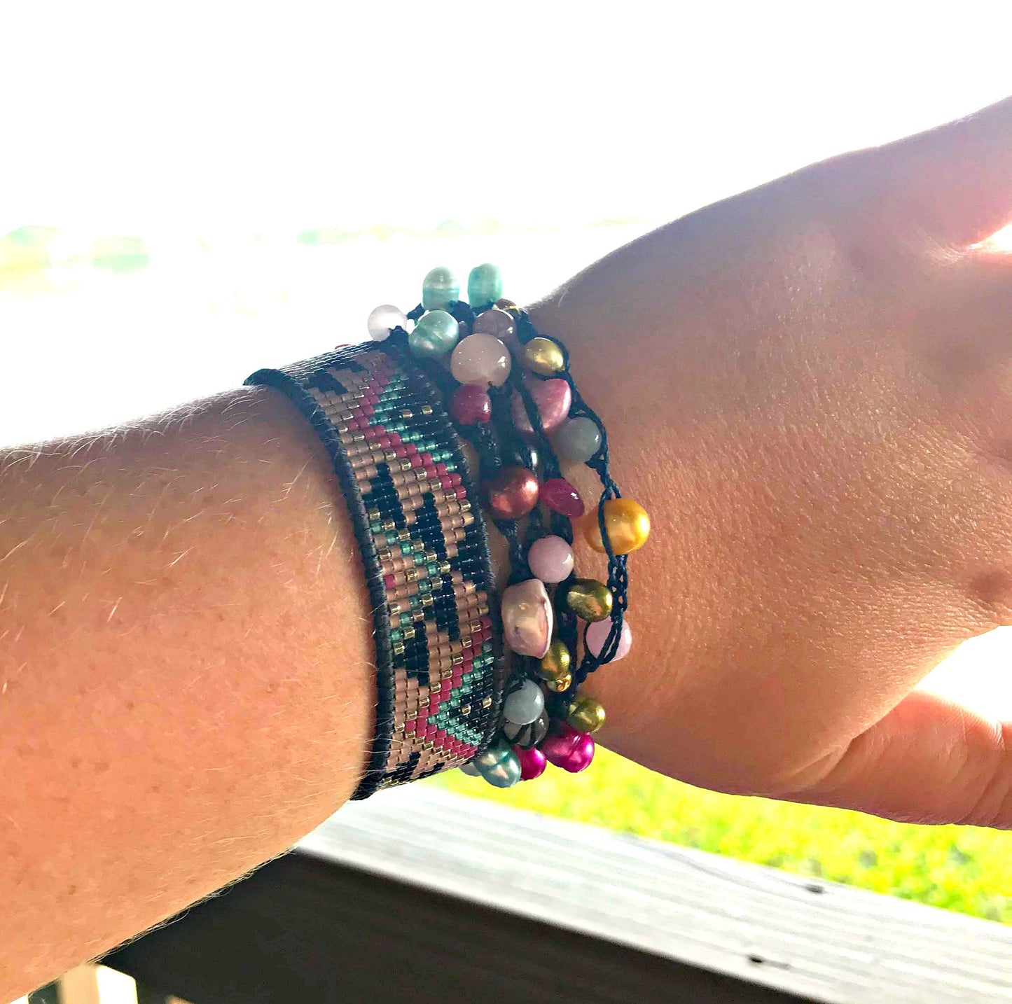 Navy Pink and BlushSouthwest Geometric Bead Loom Woven Bracelet