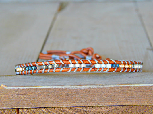 Copper, Navy, Gray Ladder Woven Leather Stack bracelet