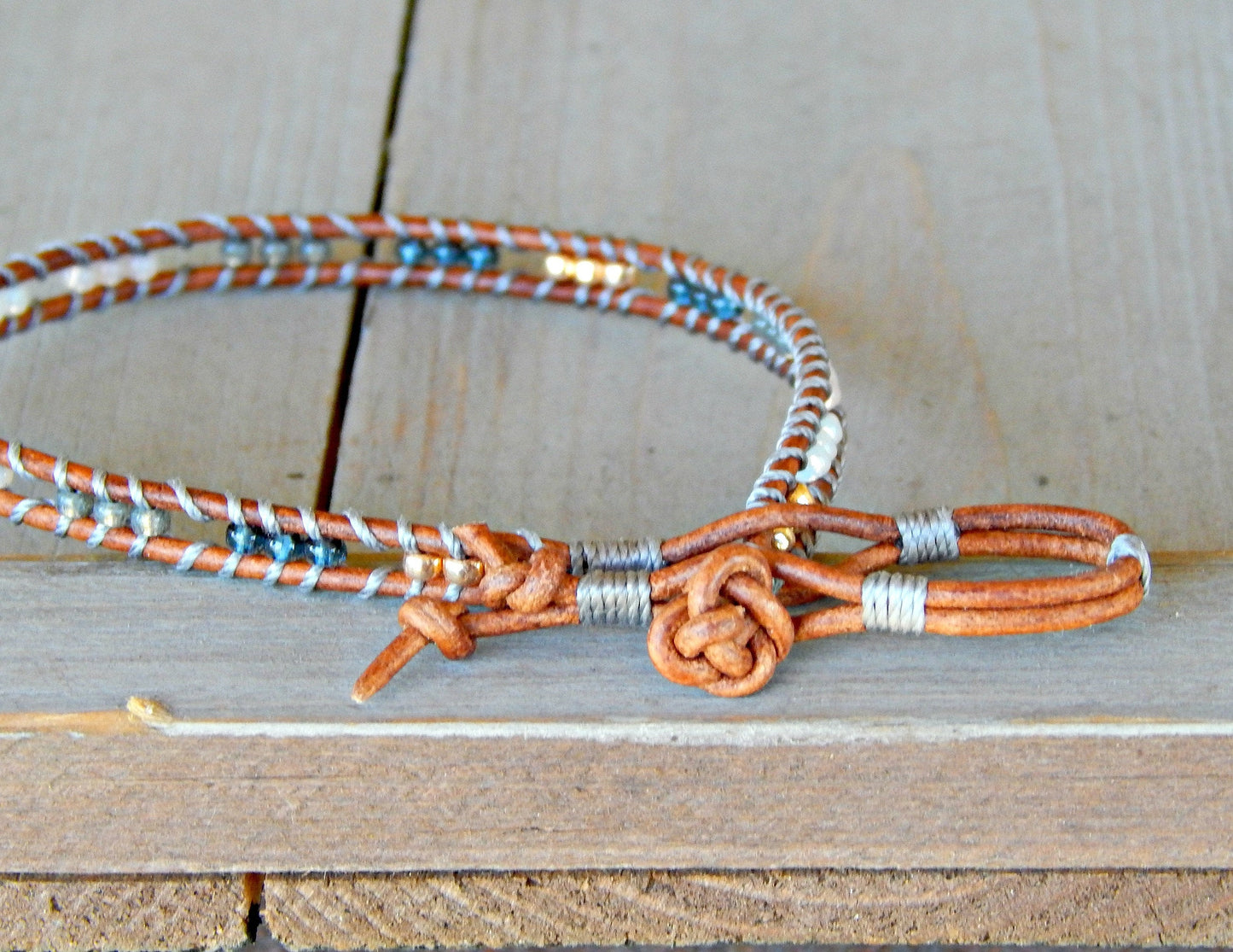 Copper, Navy, Gray Ladder Woven Leather Stack bracelet