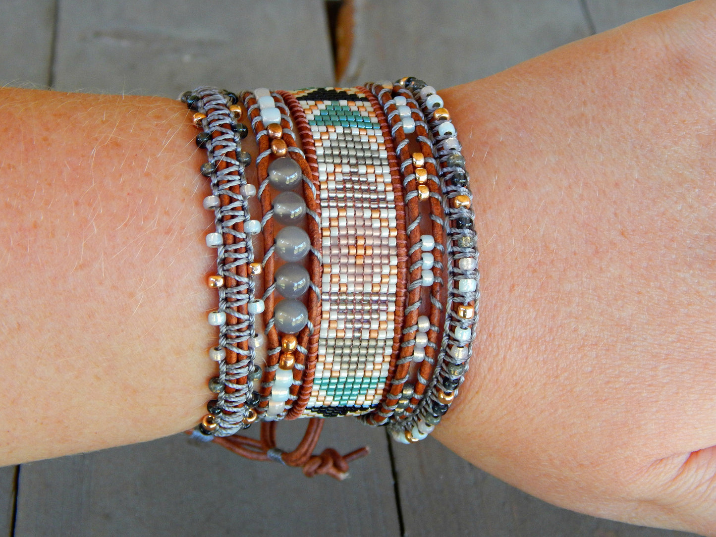 Copper Navy Gray Top Beaded Macrame Woven Leather Stack bracelet
