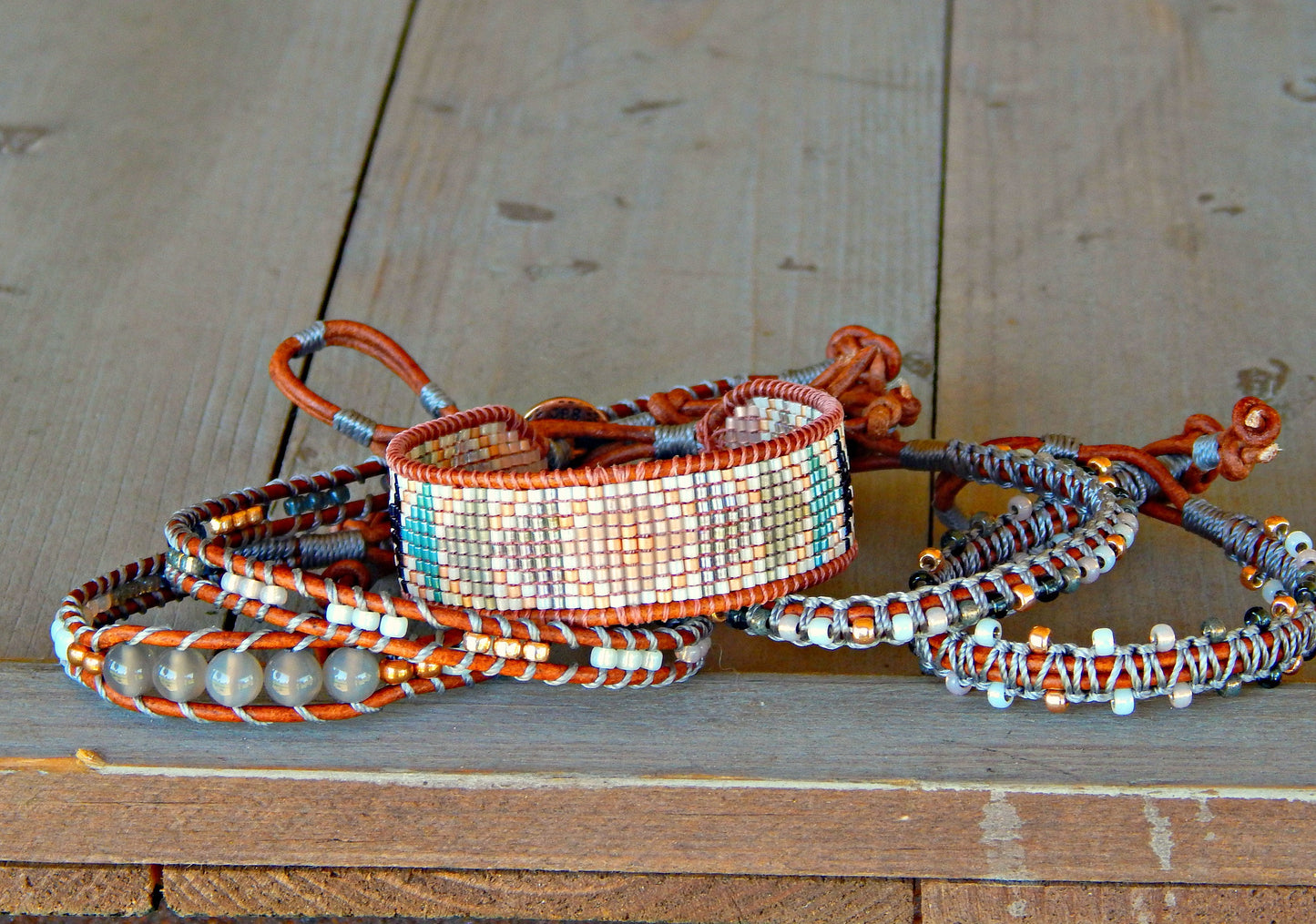 Geometric Triangle Bead Loom Woven Bracelet in Gray, Navy, Blush and Rose Gold