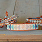 Geometric Triangle Bead Loom Woven Bracelet in Gray, Navy, Blush and Rose Gold