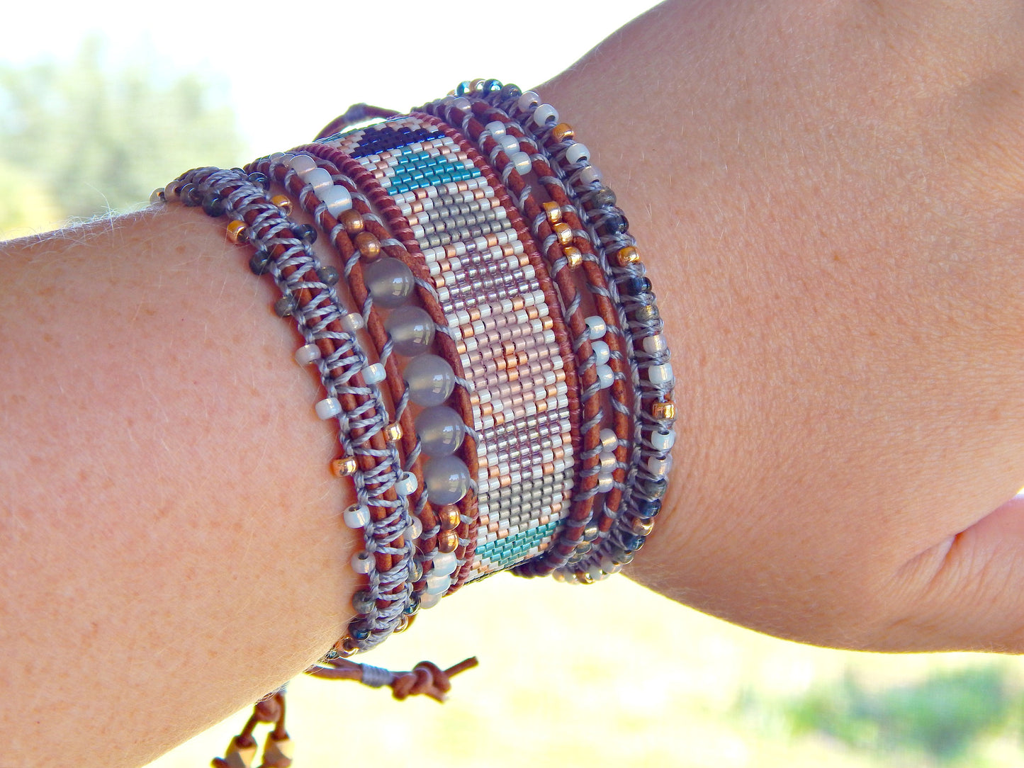 Copper Navy and Blush Loom and Macrame Bracelet stack set