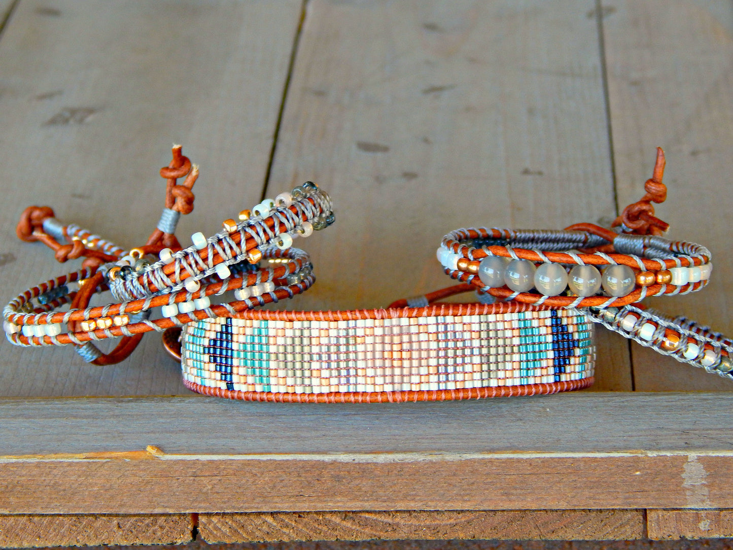 Copper Navy and Blush Loom and Macrame Bracelet stack set