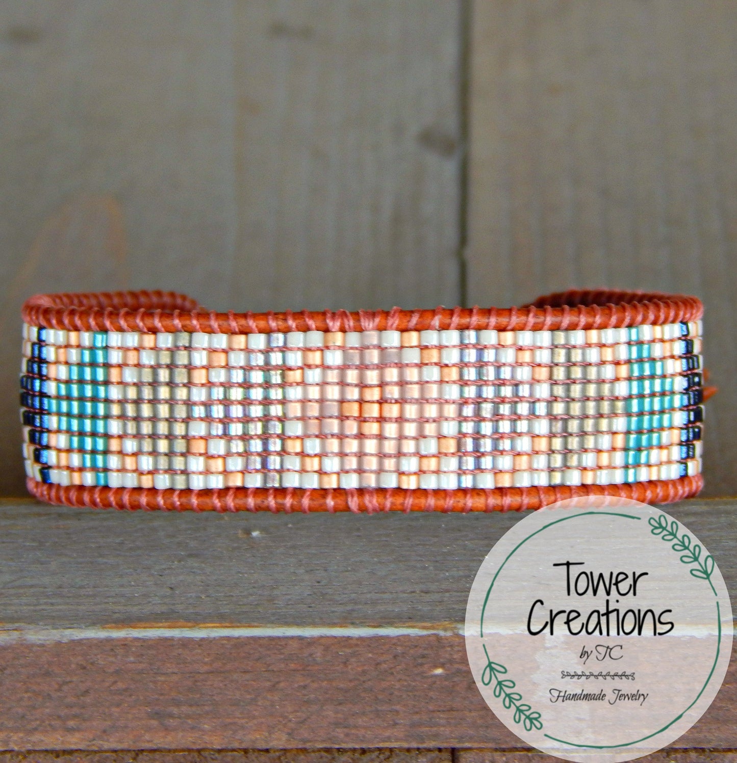 Geometric Triangle Bead Loom Woven Bracelet in Gray, Navy, Blush and Rose Gold