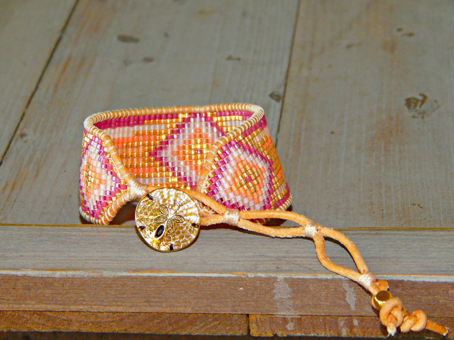 Magenta Pink and Gold Bead Loom Cuff Bracelet, custom handmade gift for her