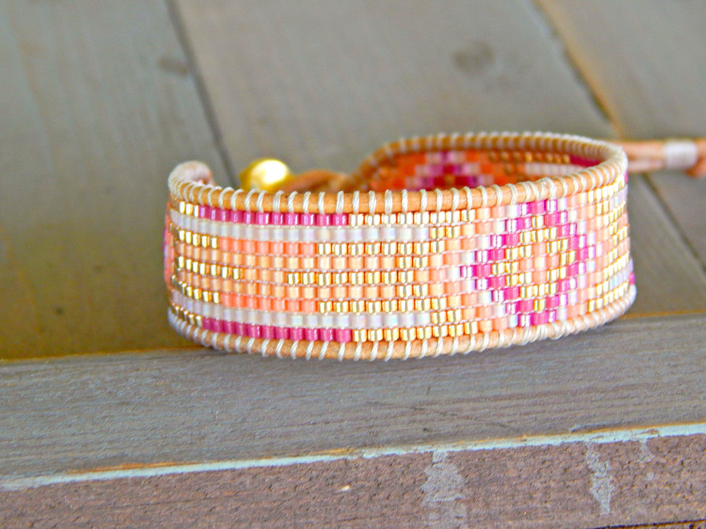 Gold and Pink Starburst Southwester Bead Loom Leather Bracelet – Tower  Creations