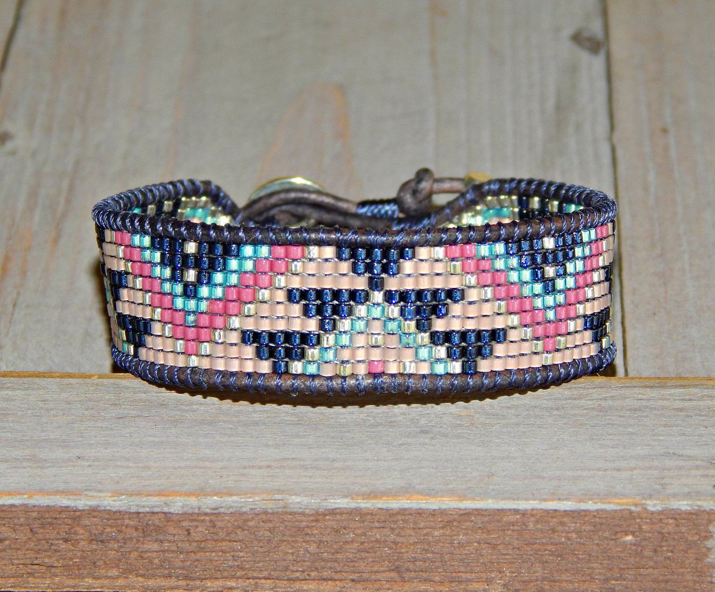 Navy Pink and BlushSouthwest Geometric Bead Loom Woven Bracelet