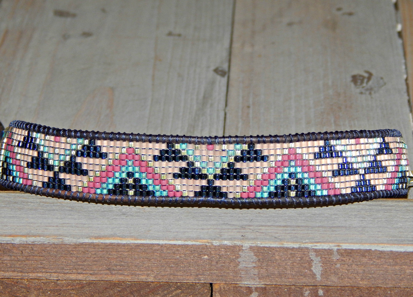 Navy Pink and BlushSouthwest Geometric Bead Loom Woven Bracelet