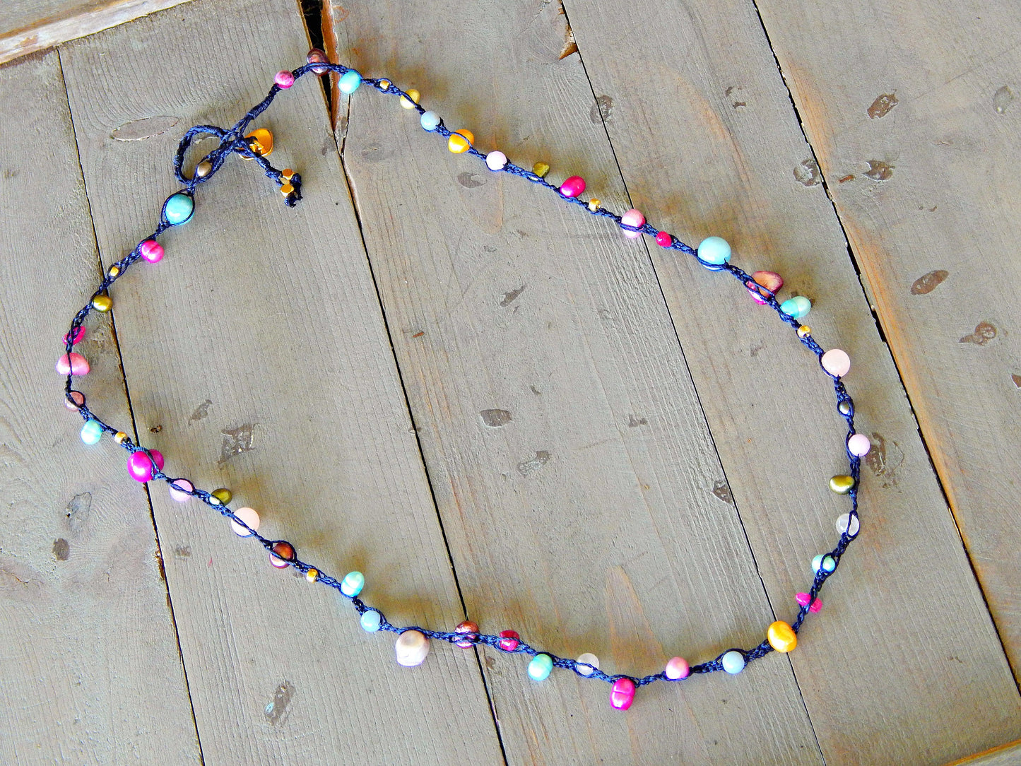 Navy, Berry Pink, Shell and Pearl Wrap Bracelet, Anklet, Necklace