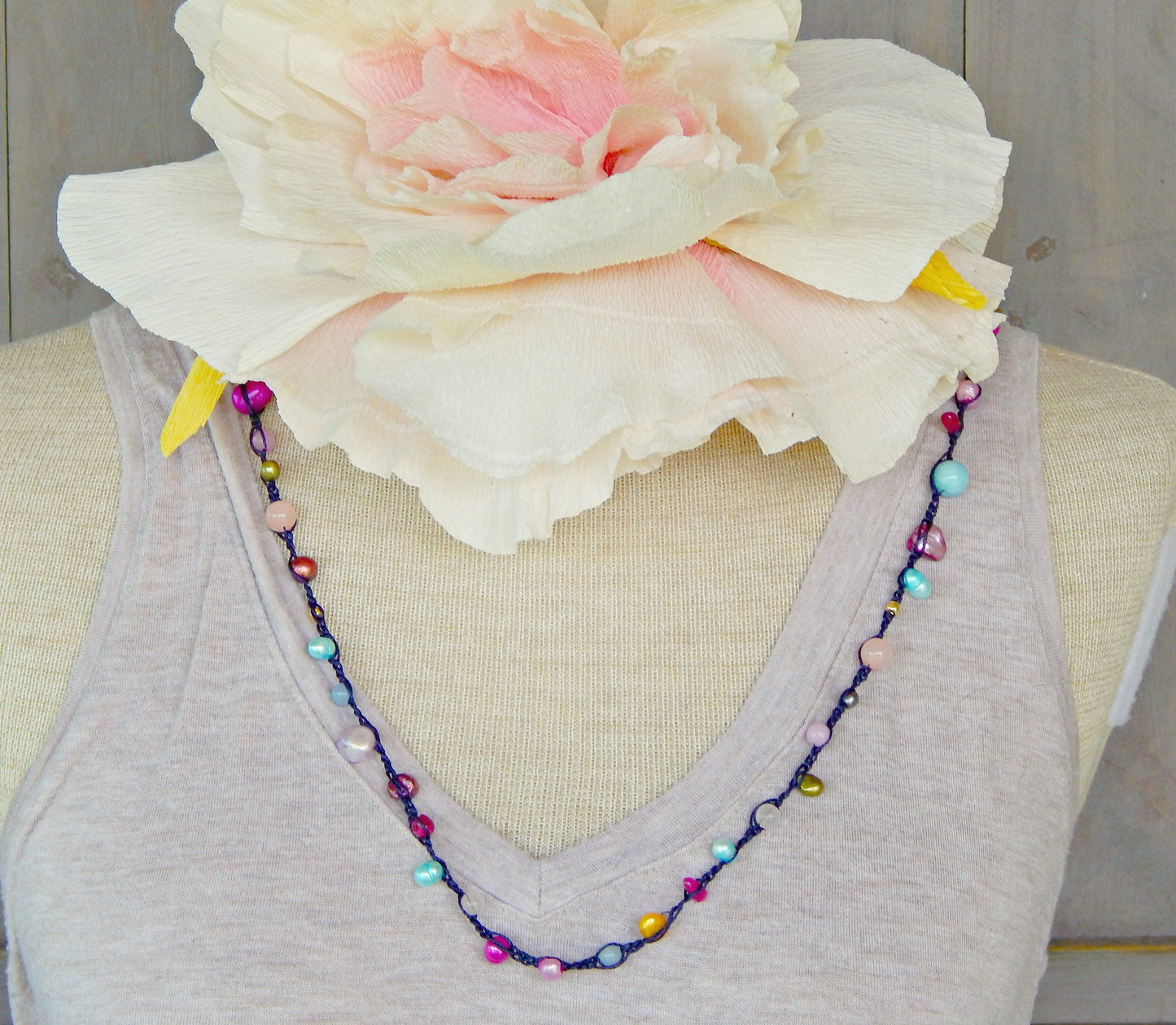 Navy, Berry Pink, Shell and Pearl Wrap Bracelet, Anklet, Necklace