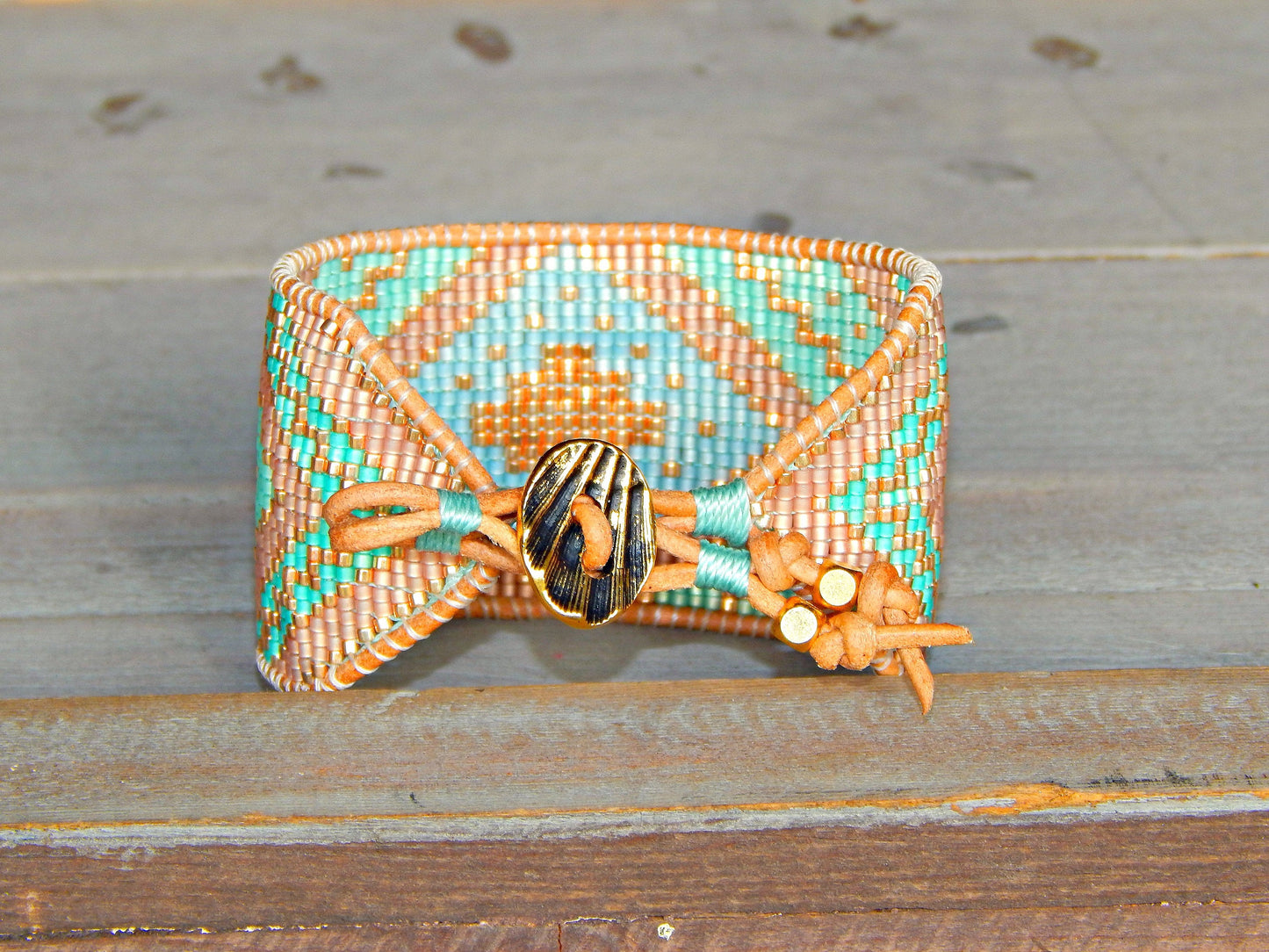 Seafoam and Gold Extra wide Geometric bead loom woven cuff