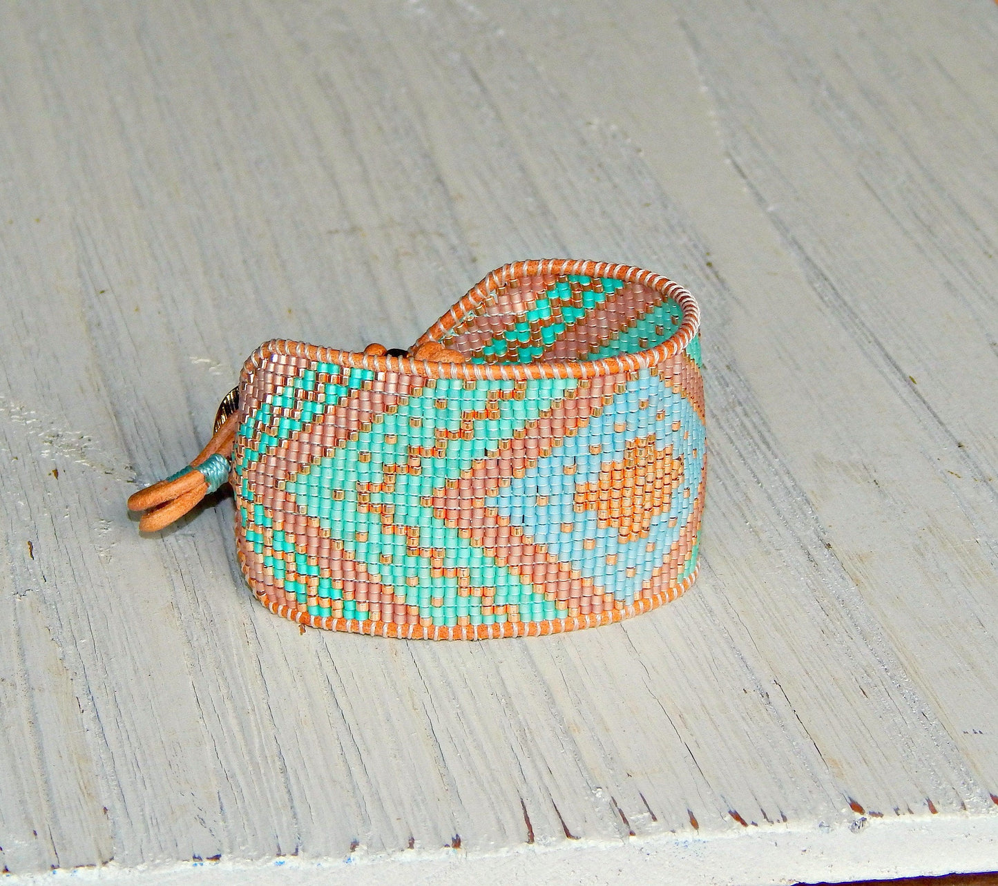 Seafoam and Gold Extra wide Geometric bead loom woven cuff