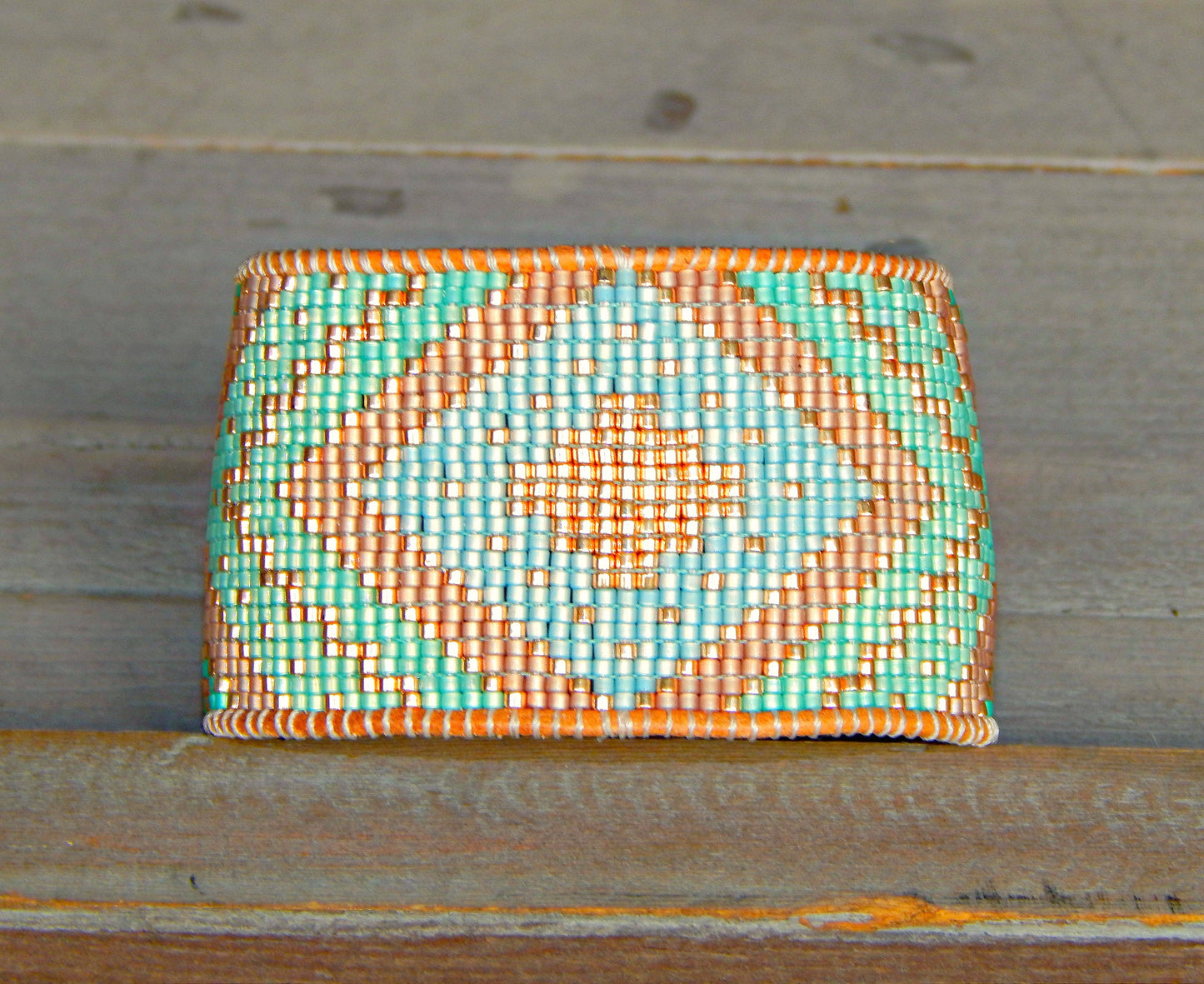 Seafoam and Gold Extra wide Geometric bead loom woven cuff