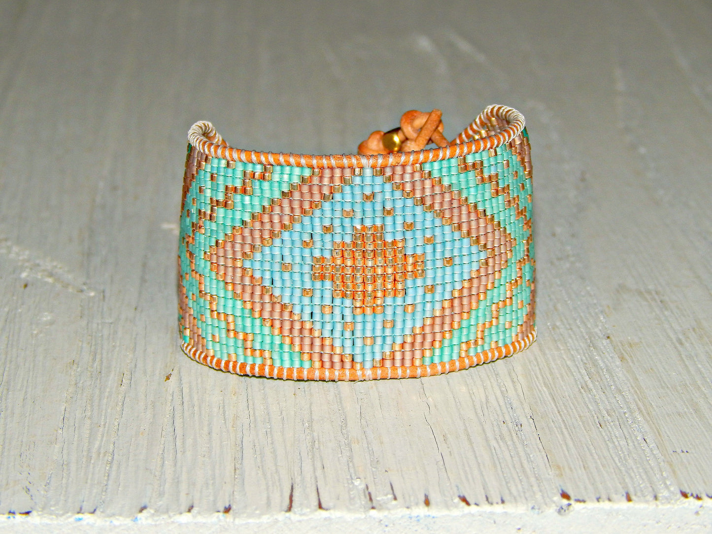 Seafoam and Gold Extra wide Geometric bead loom woven cuff