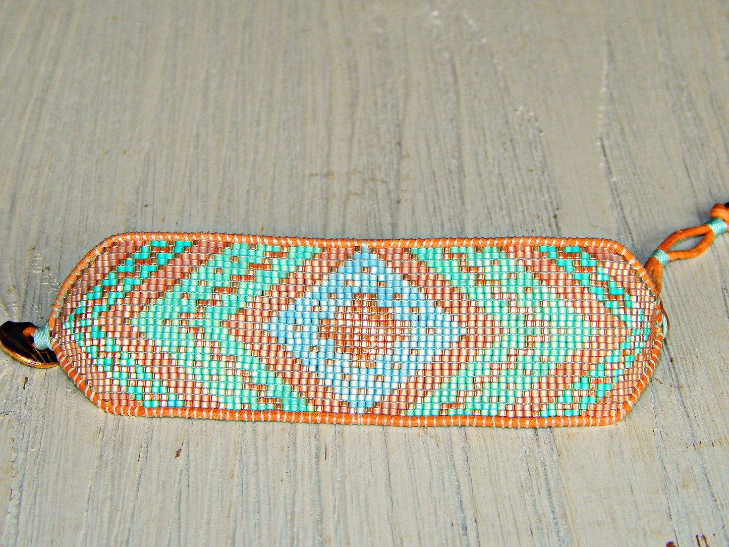 Seafoam and Gold Extra wide Geometric bead loom woven cuff