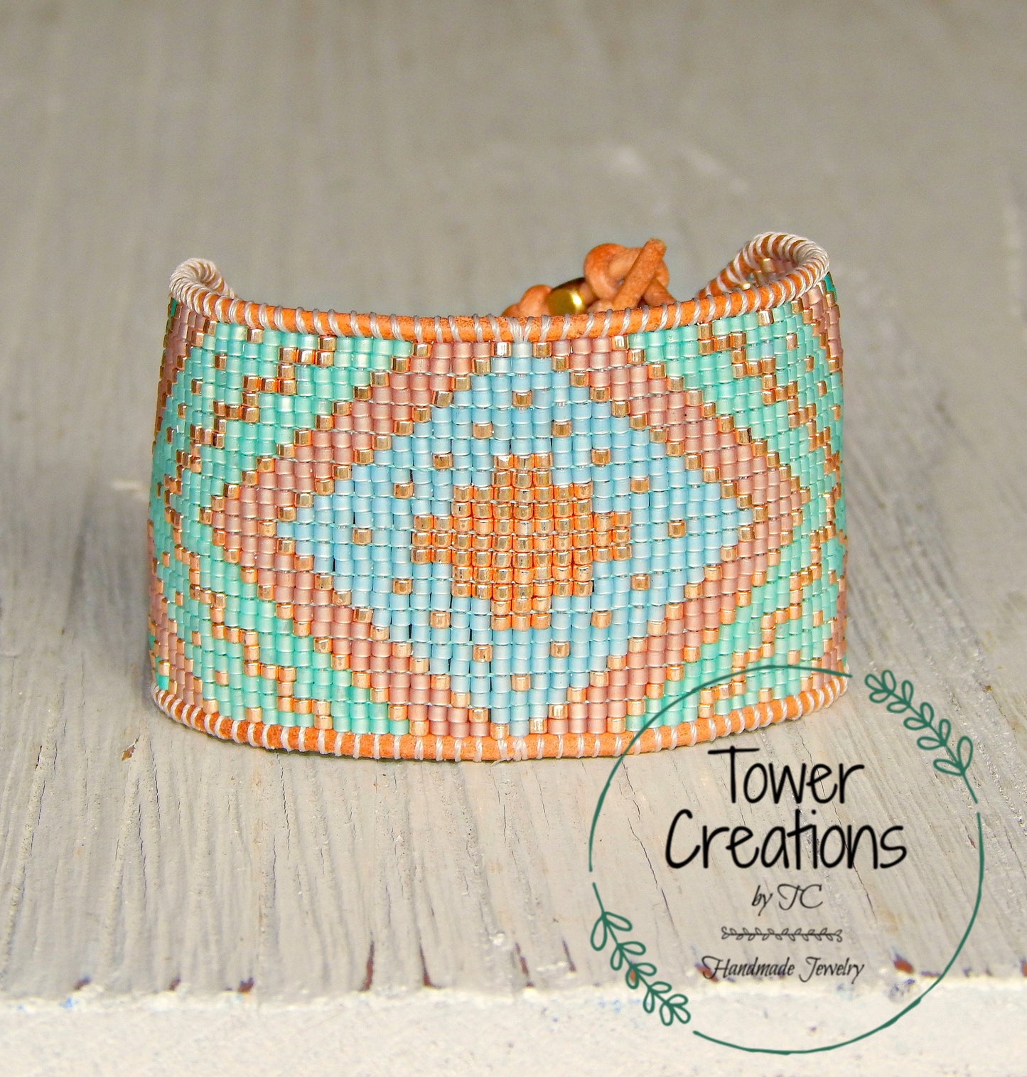 Seafoam and Gold Extra wide Geometric bead loom woven cuff