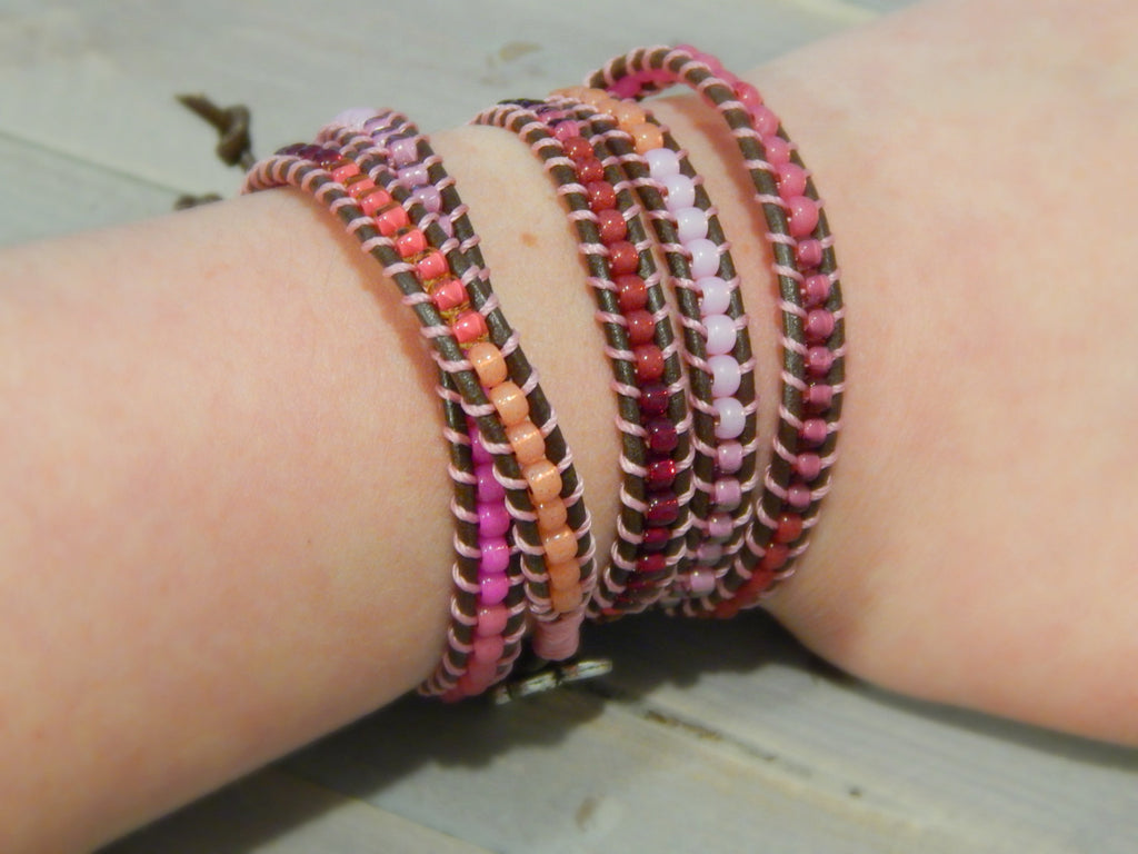 Gold and Pink Starburst Southwester Bead Loom Leather Bracelet