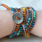 Leather Beaded 5x wrap bracelet with Honey Jade and Turquoise Magnesite