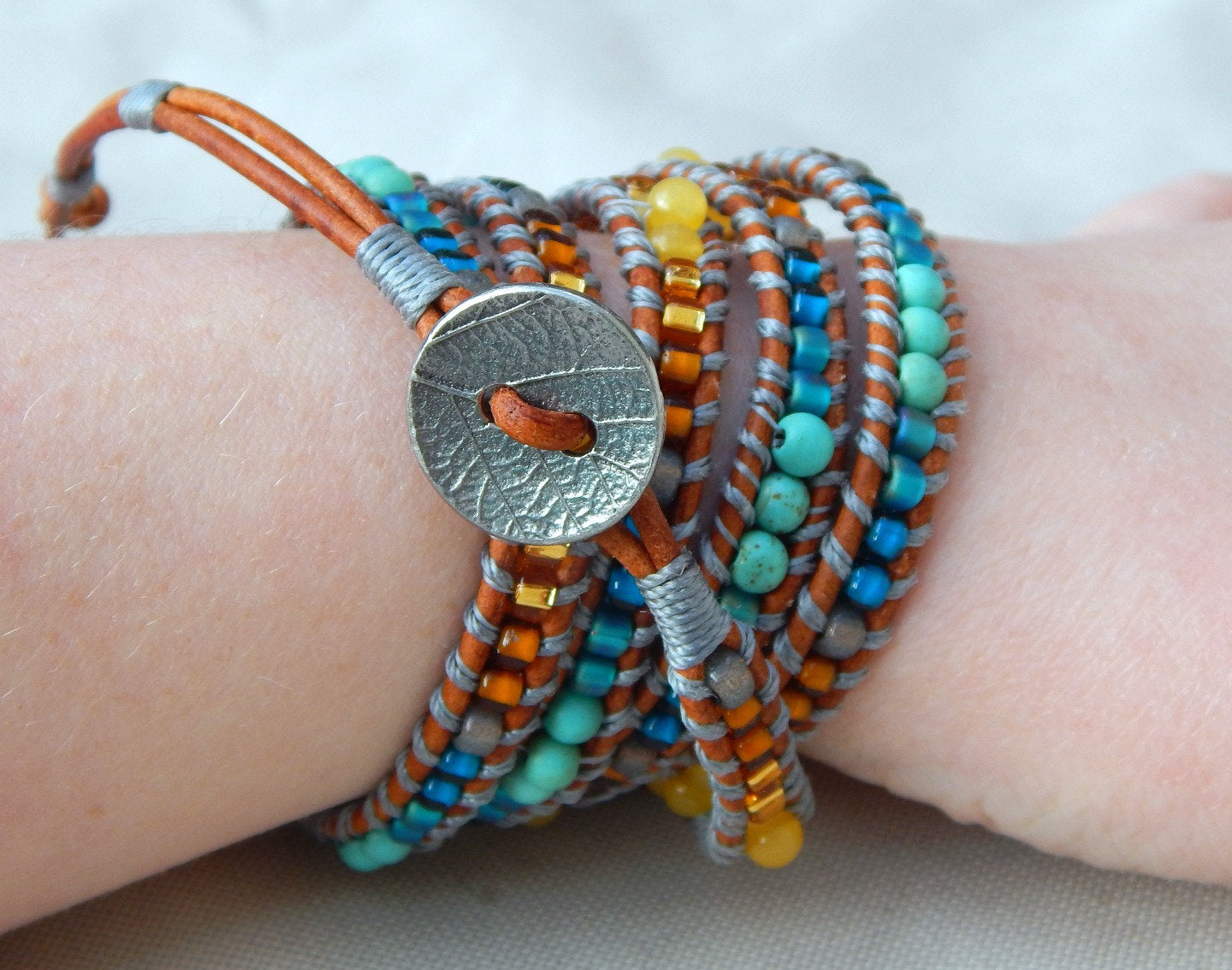 Leather Beaded 5x wrap bracelet with Honey Jade and Turquoise Magnesite