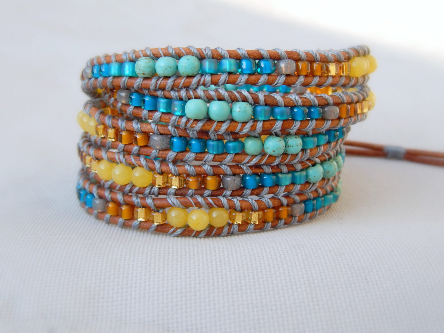 Leather Beaded 5x wrap bracelet with Honey Jade and Turquoise Magnesite