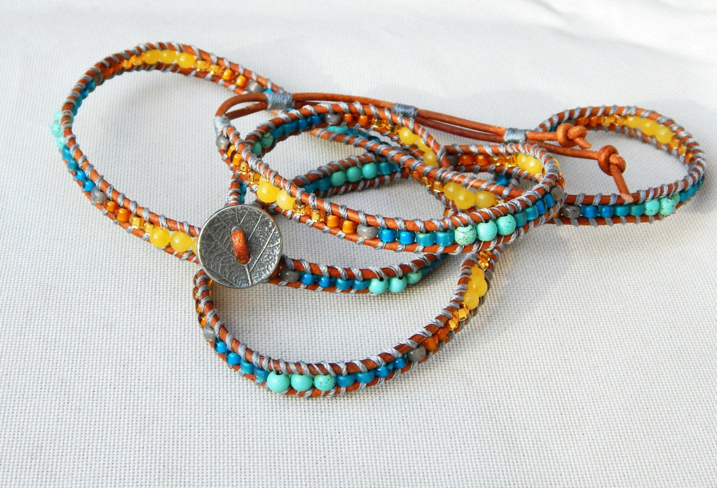 Leather Beaded 5x wrap bracelet with Honey Jade and Turquoise Magnesite