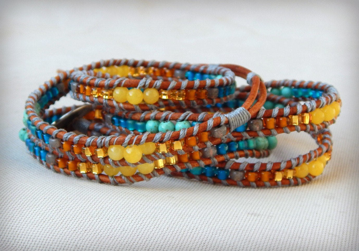 Leather Beaded 5x wrap bracelet with Honey Jade and Turquoise Magnesite