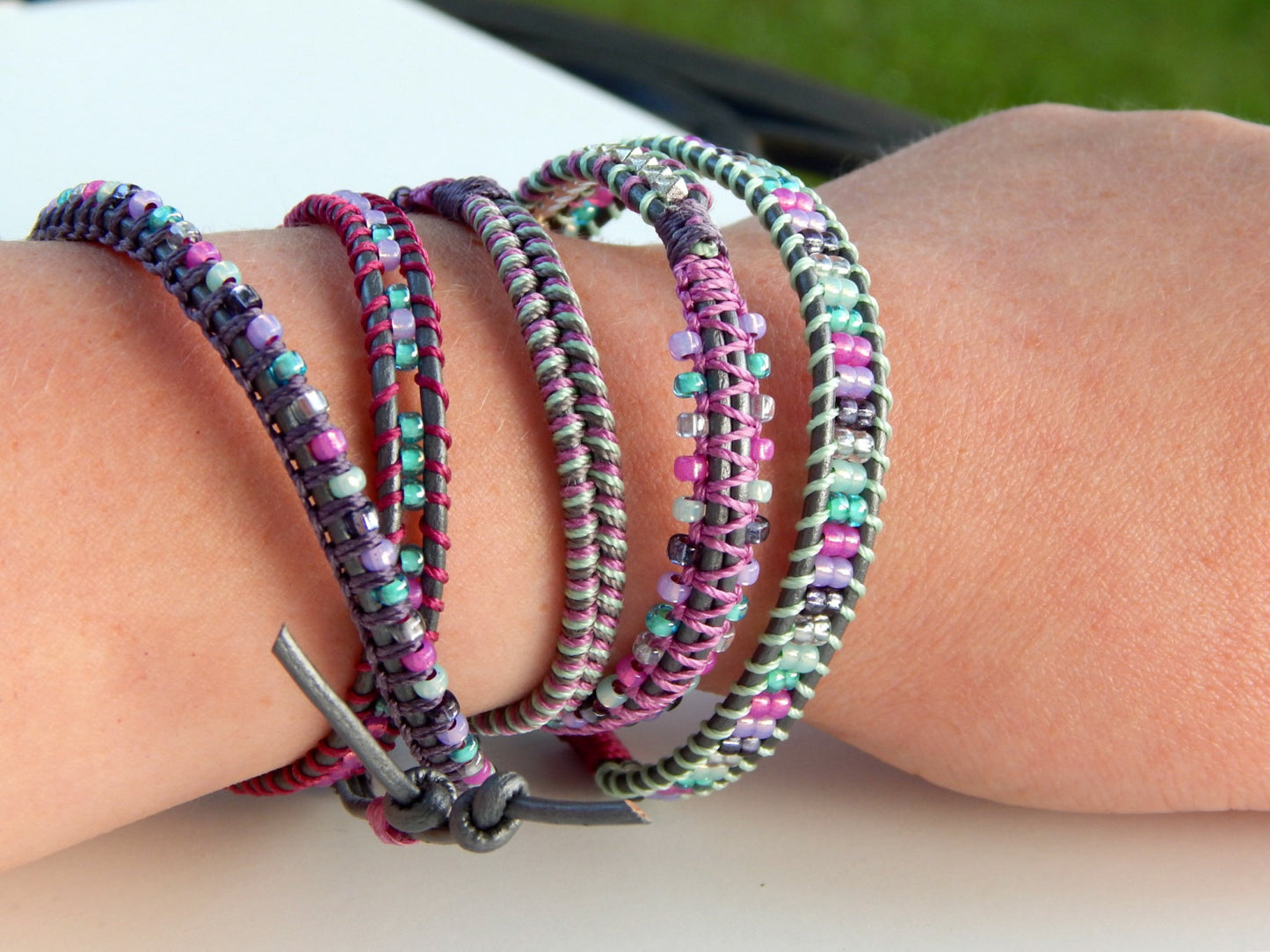 Boho Macrame 5x Wrap Bracelet Green Purple and Silver Gray Festival Bracelet