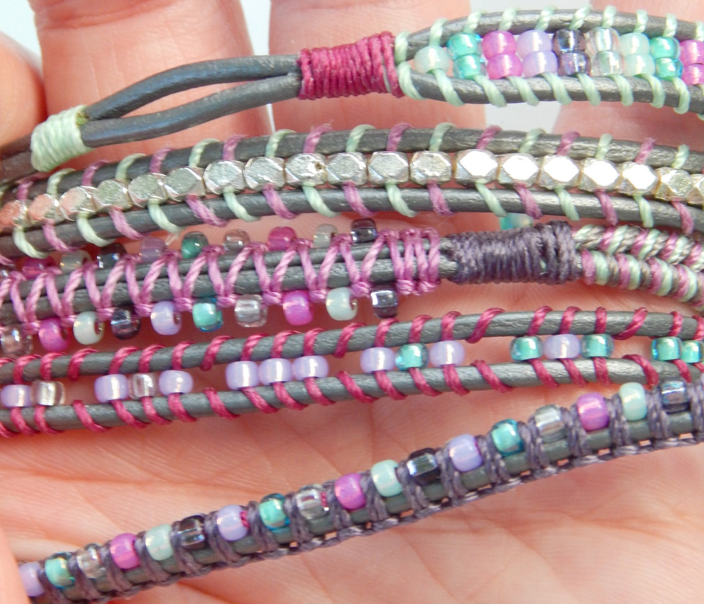 Boho Macrame 5x Wrap Bracelet Green Purple and Silver Gray Festival Bracelet