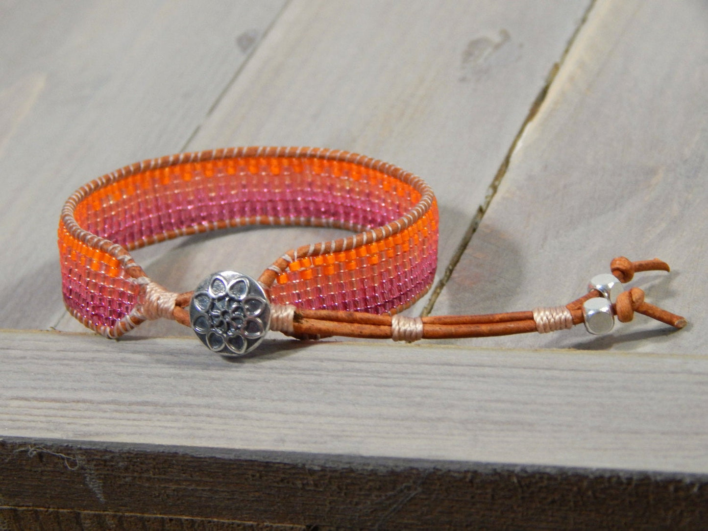 Faded Orange to Pink Ombre Loom woven friendship bracelet