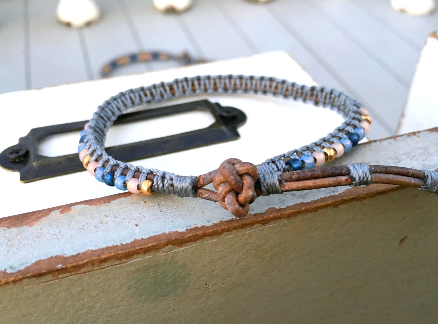 Top Beaded Macrame Leather Single Stack Bracelet