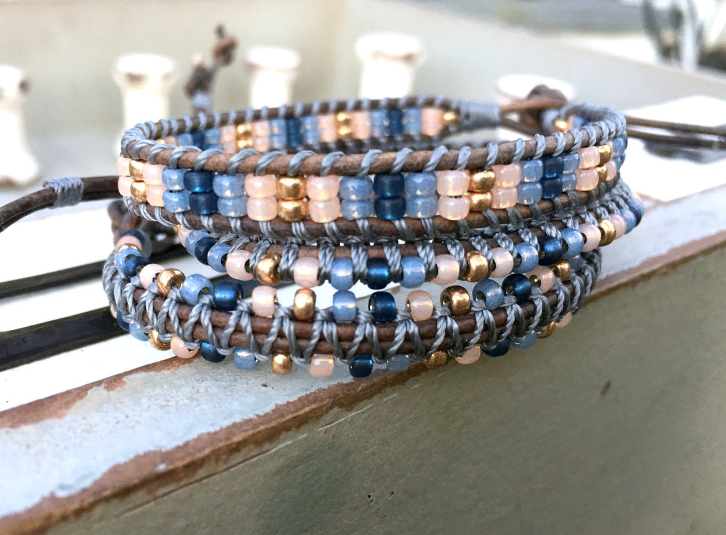 Top Beaded Macrame Leather Single Stack Bracelet