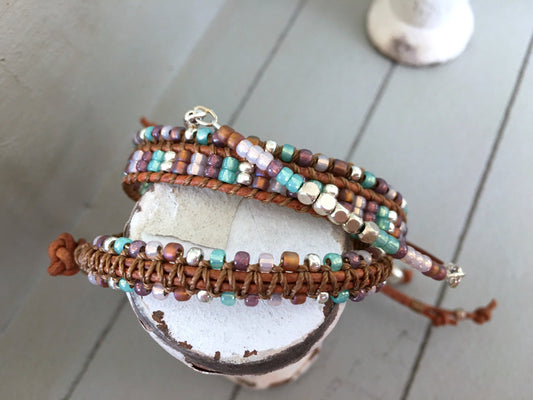 Purple, Brown, and Aqua Adjustable Stack bracelet, boho Friendship stack set